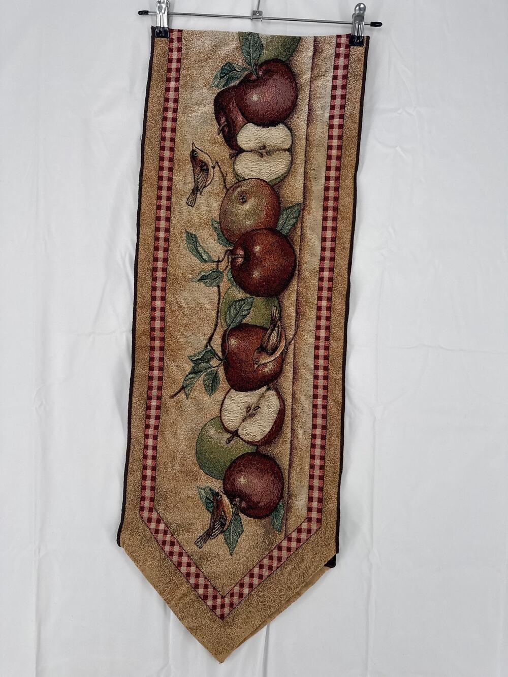 vintage apple and bird tapestry style fabric table runner 70in long